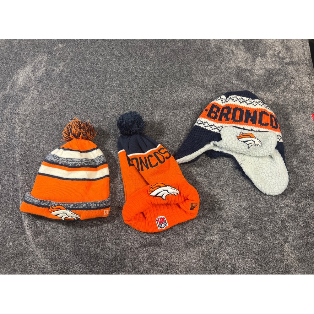 Denver Broncos Hat Bundle New Era Pom Beanies and Sherpa Trapper Hat Lot of 3